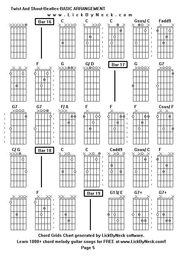 Chord Grids Chart of chord melody fingerstyle guitar song-Twist And Shout-Beatles-BASIC ARRANGEMENT,generated by LickByNeck software.